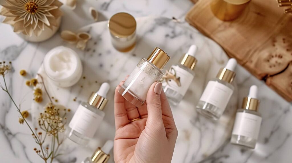 des flacons de serum anti age posés sur une table en marbre