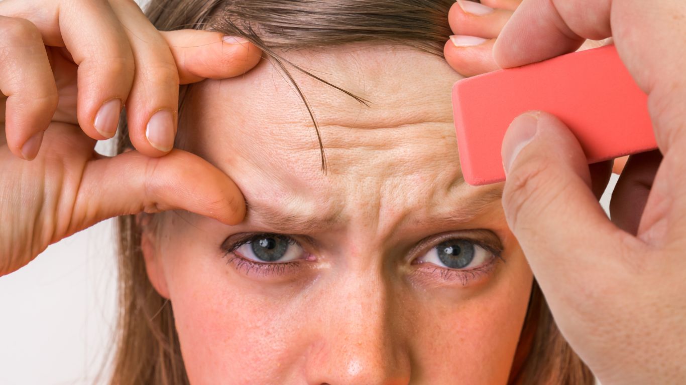 une main avec un gomme entrain de gommer les rides du front d'une femme avec des rides