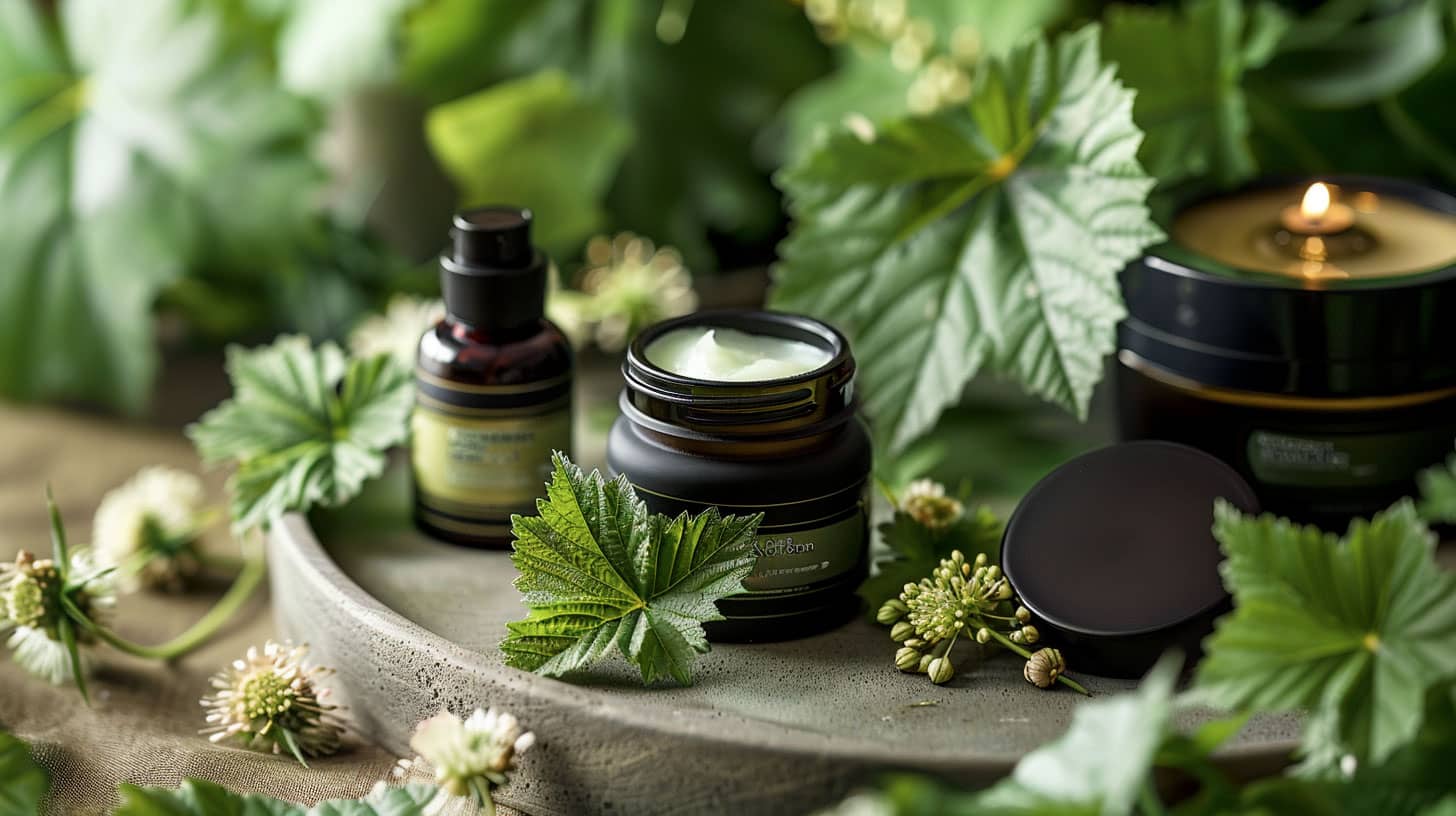 un pot de crème anti age sur un plateau avec des huiles naturelles et de la verdure